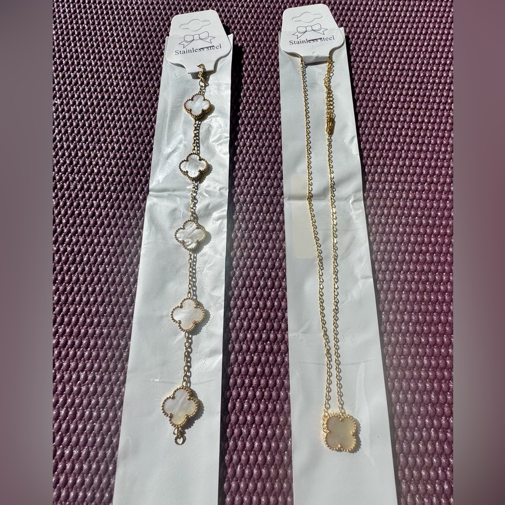 Elegant Gold and White Clover Necklace and Bracelet Set - NEW